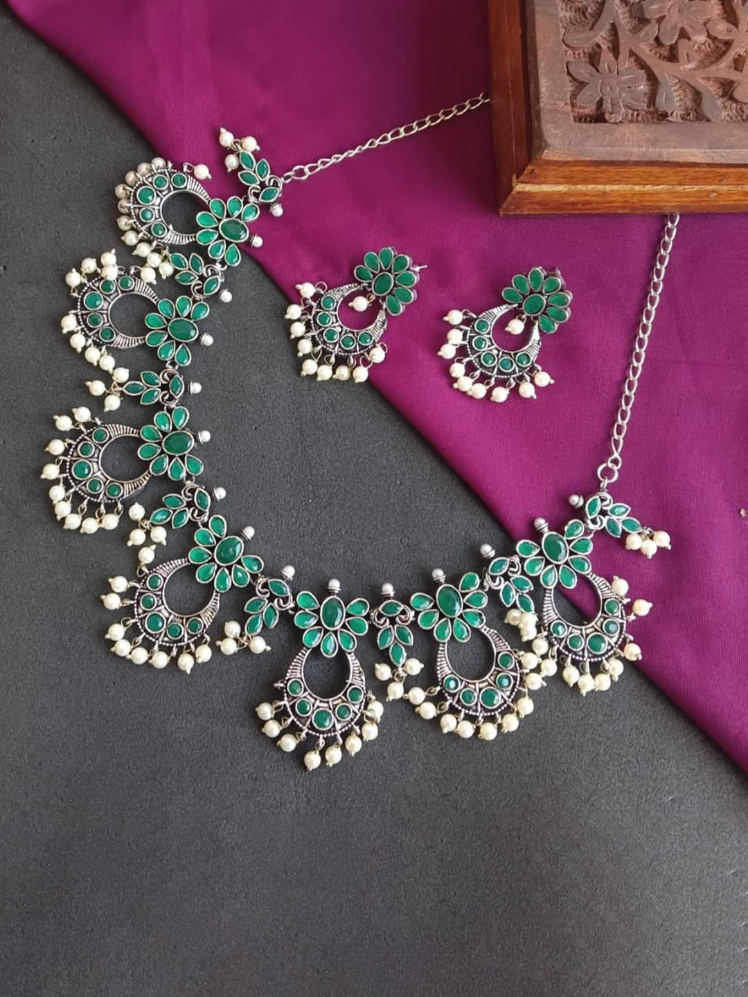 Efulgenz Silver-Plated Crystal-Studded & Artificial Beaded Oxidized Jewellery Set
