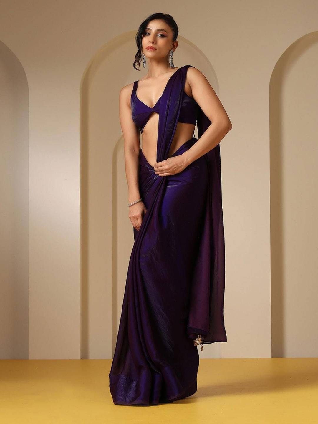 Swtantra Metallic Purple Satin Saree with Self Blouse Fabric