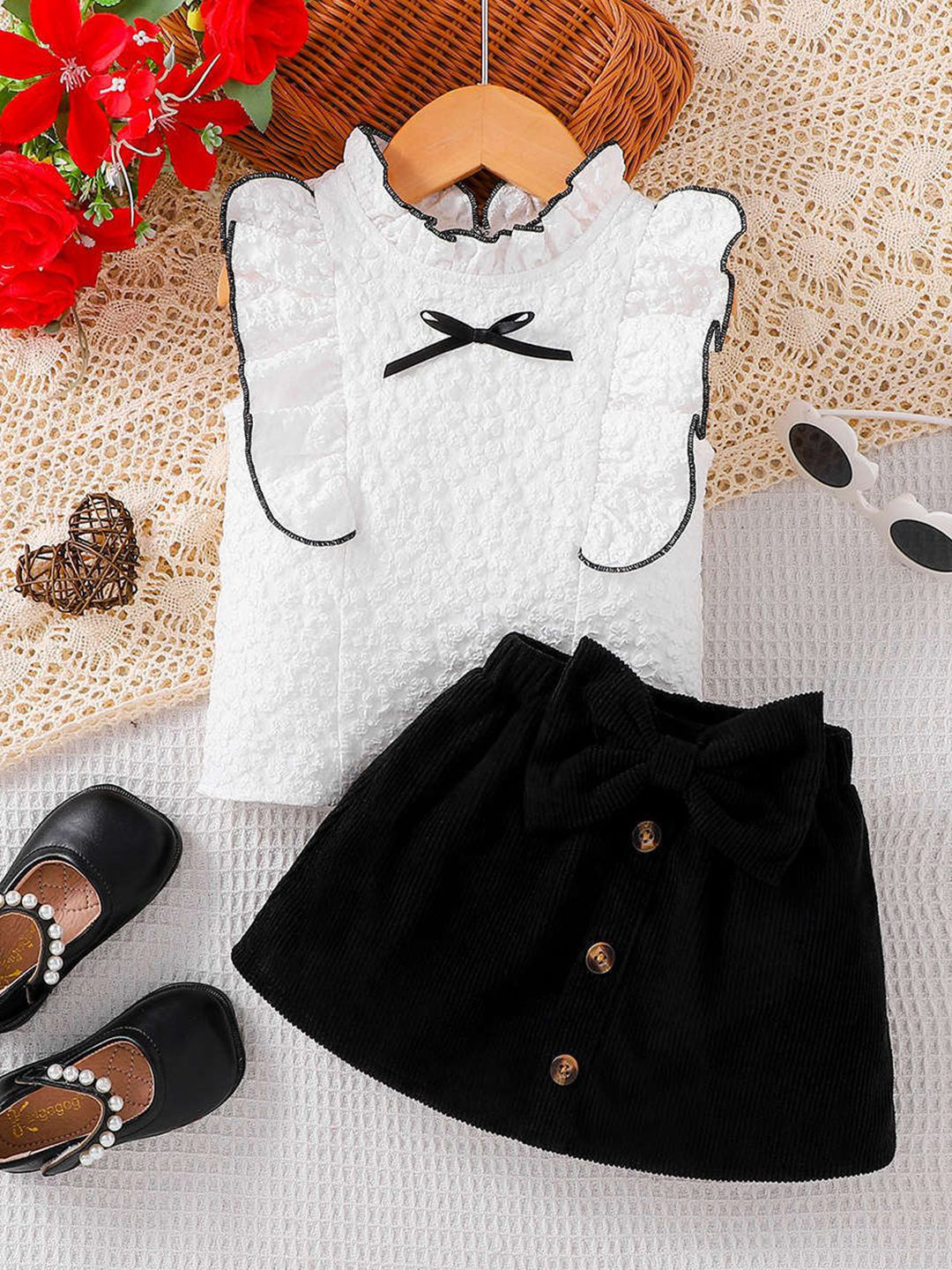 YK Girls Textured Top & Skirt Clothing Set