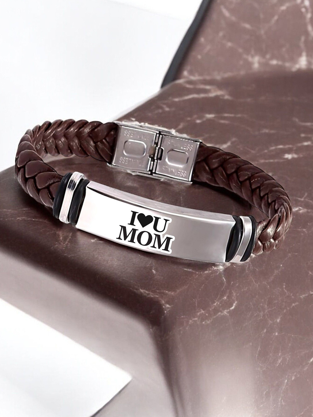 M Men Style Men Leather Silver-Plated Wraparound I Love You Mom Braided Bracelet
