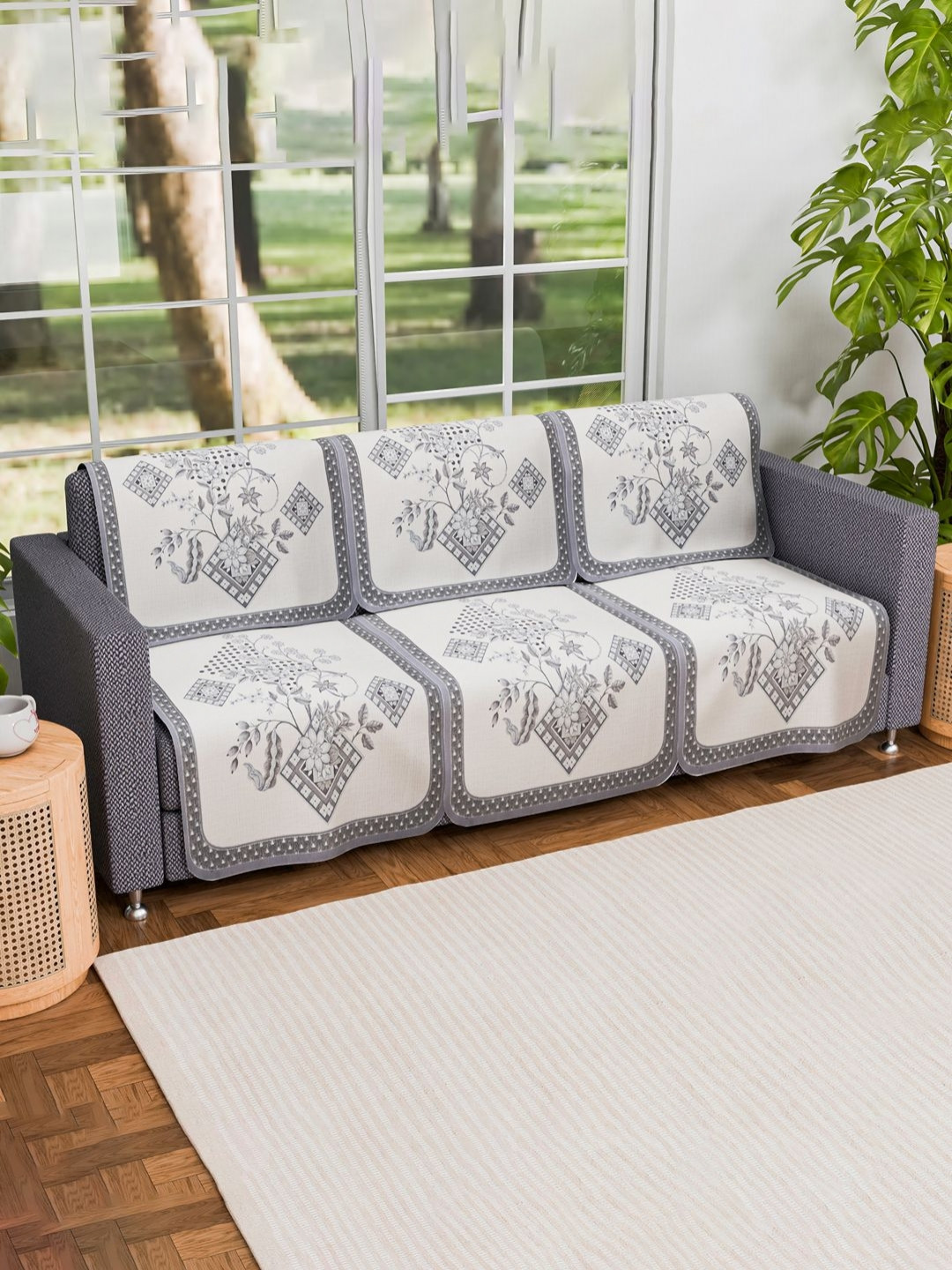 Aura Cream & Blue 6 Pieces Chokdi  2+1 Seater Cotton Sofa Cover