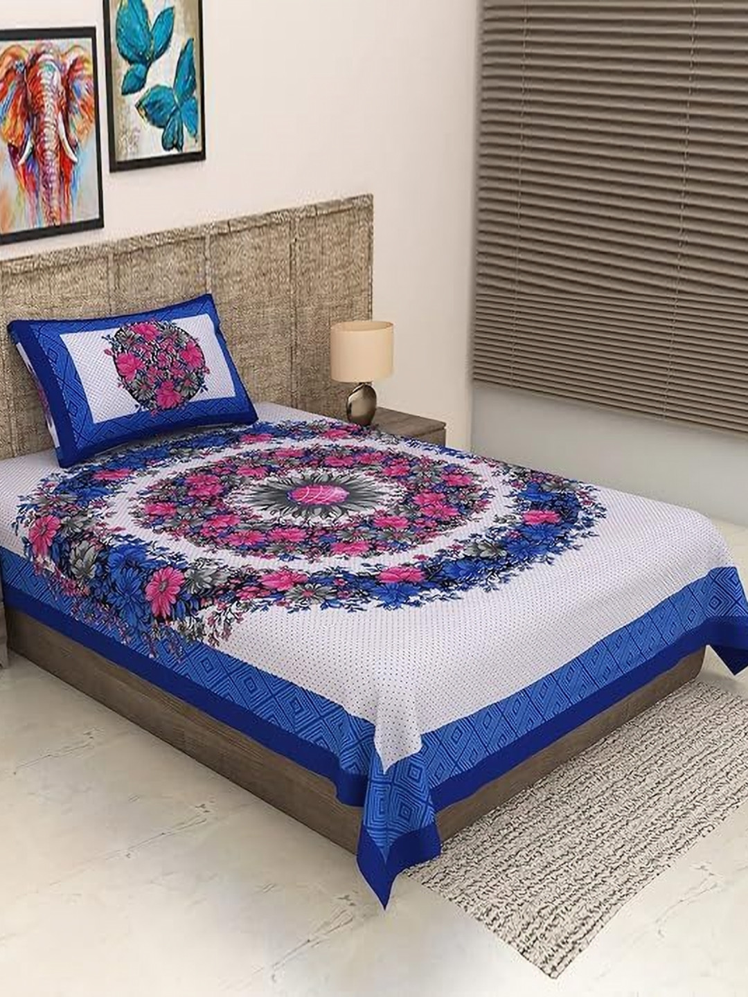 METRO LIVING Blue Floral Cotton 104 TC Single Fine Bedsheet with a Pillow Cover-36 x 78 inches