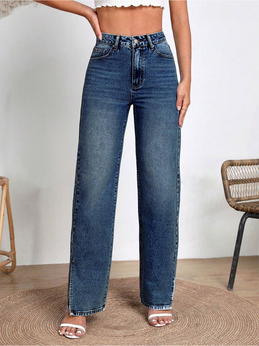 TYFFYN Women Classic Wide Leg High-Rise Highly Distressed Heavy Fade Stretchable Jeans