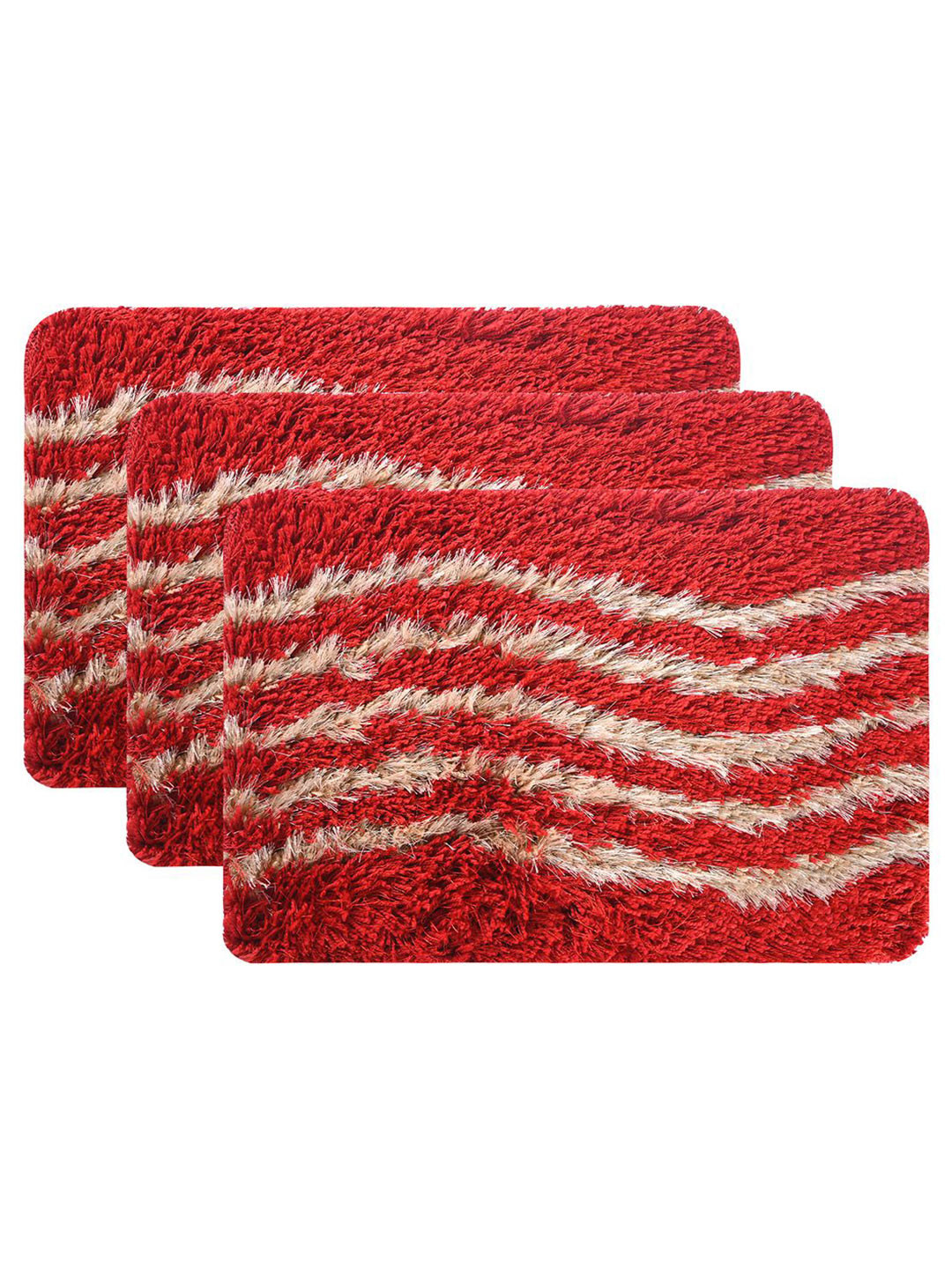 Kuber Industries Cream Colored & Red 3 Pieces Cotton Super Soft Cotton Bathroom Door Mats