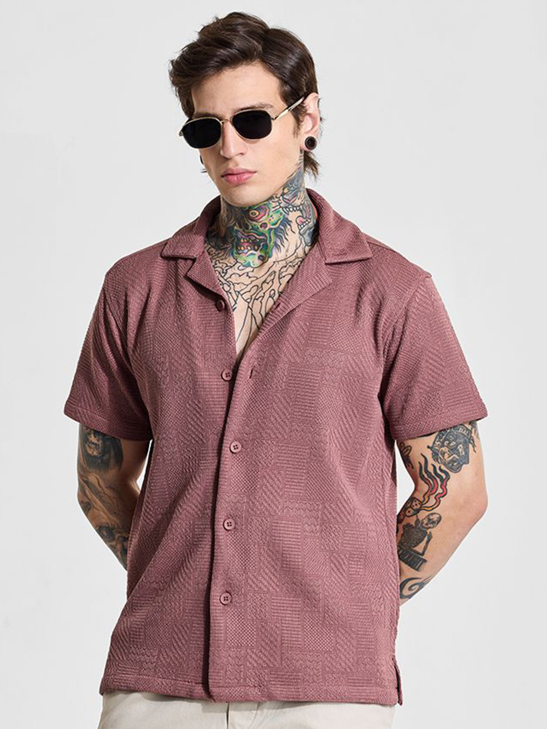 Snitch Men Brown Textured Shirt