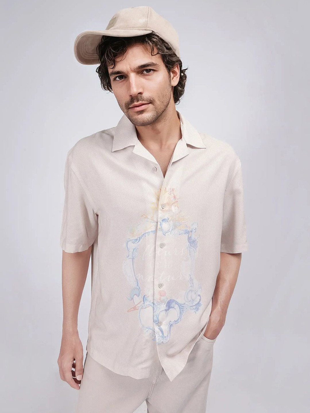 RARE RABBIT Fluerst Beige Men Comfort Printed Cotton Shirt