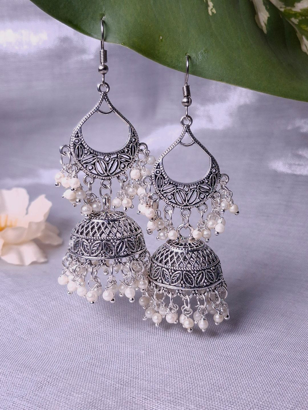HOPMEE Silver-Plated Artificial Beaded Dome Shaped Oxidised Jhumkas