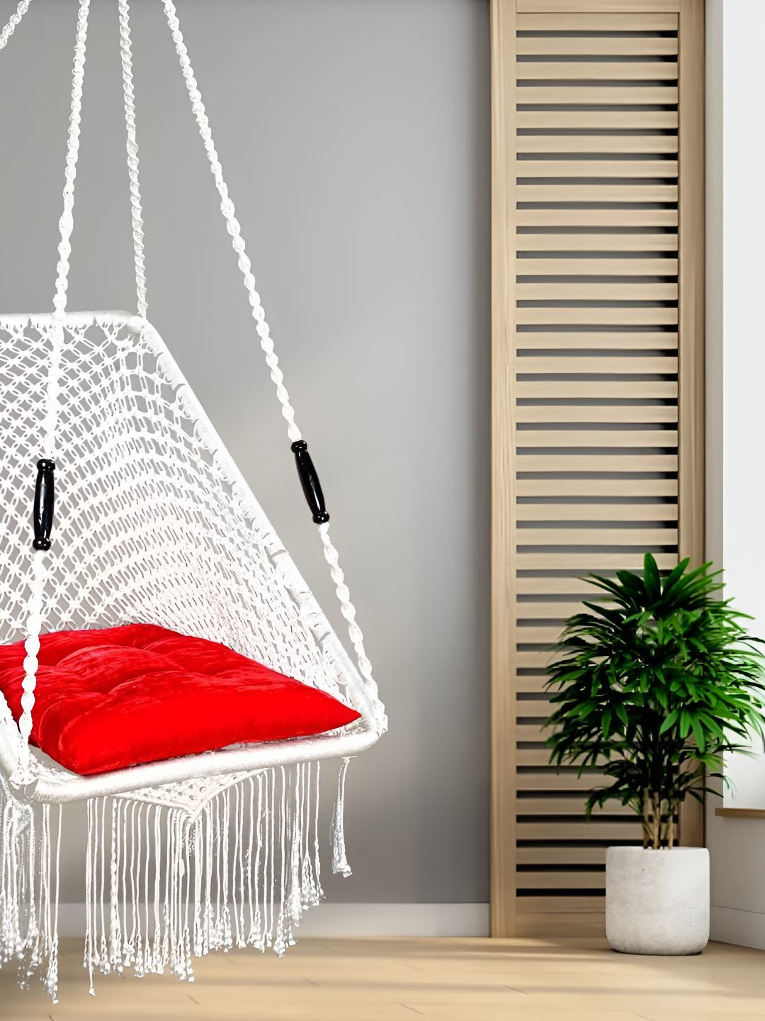 Swingzy White & Red Small Rectangle-Shape Single Seater Hanging Swing With Cushion