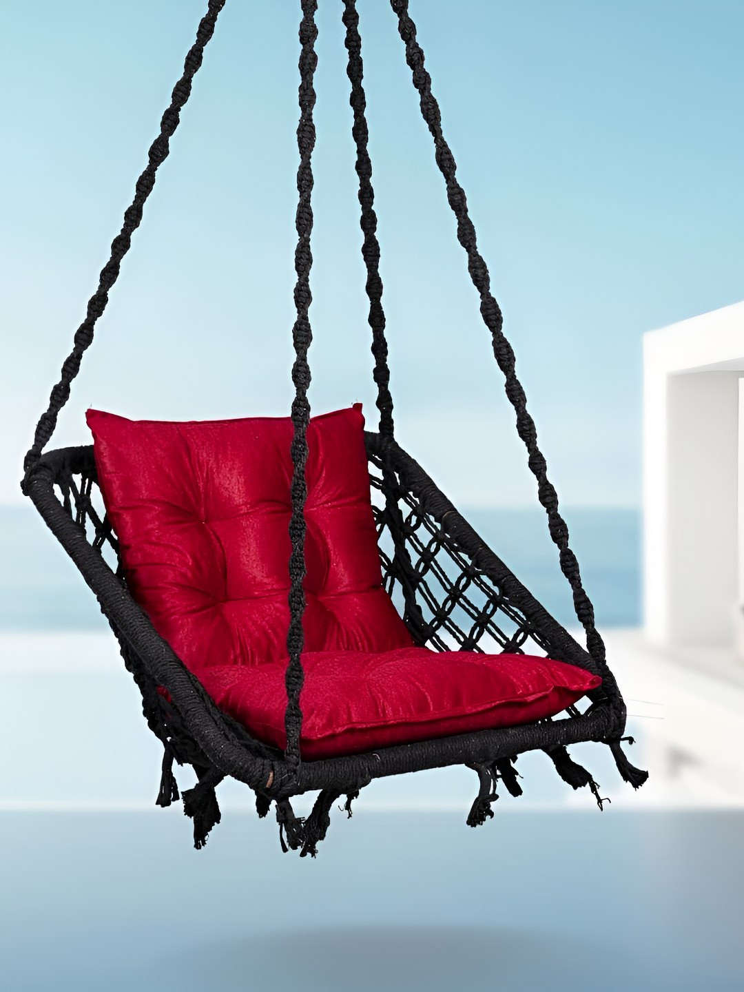 Swingzy Red & Black Cotton Netted Rope Square Shaped Hammock Swing