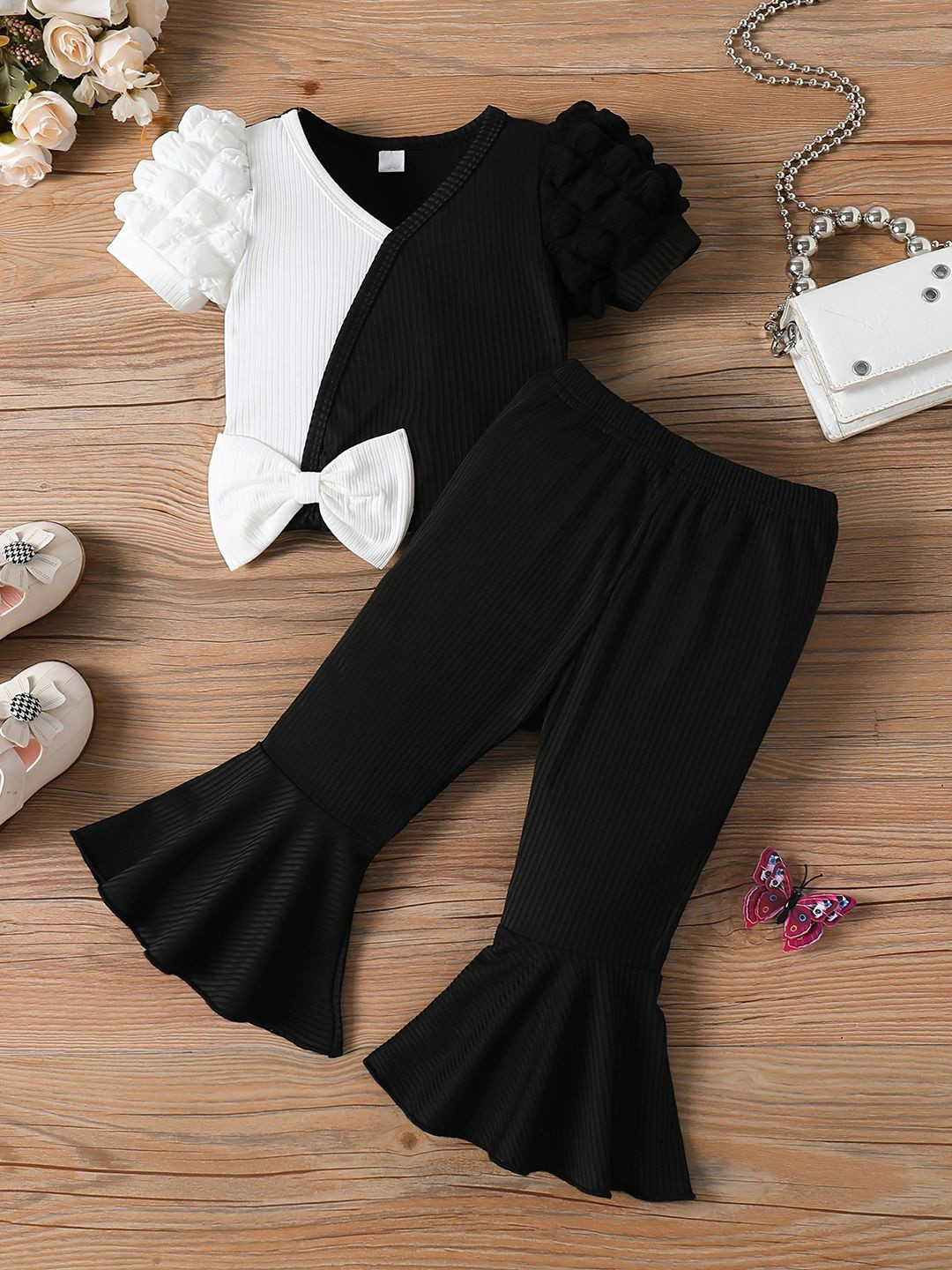 YK Infant Girls Colorblocked Bow-Detail Top & Trousers Clothing Set