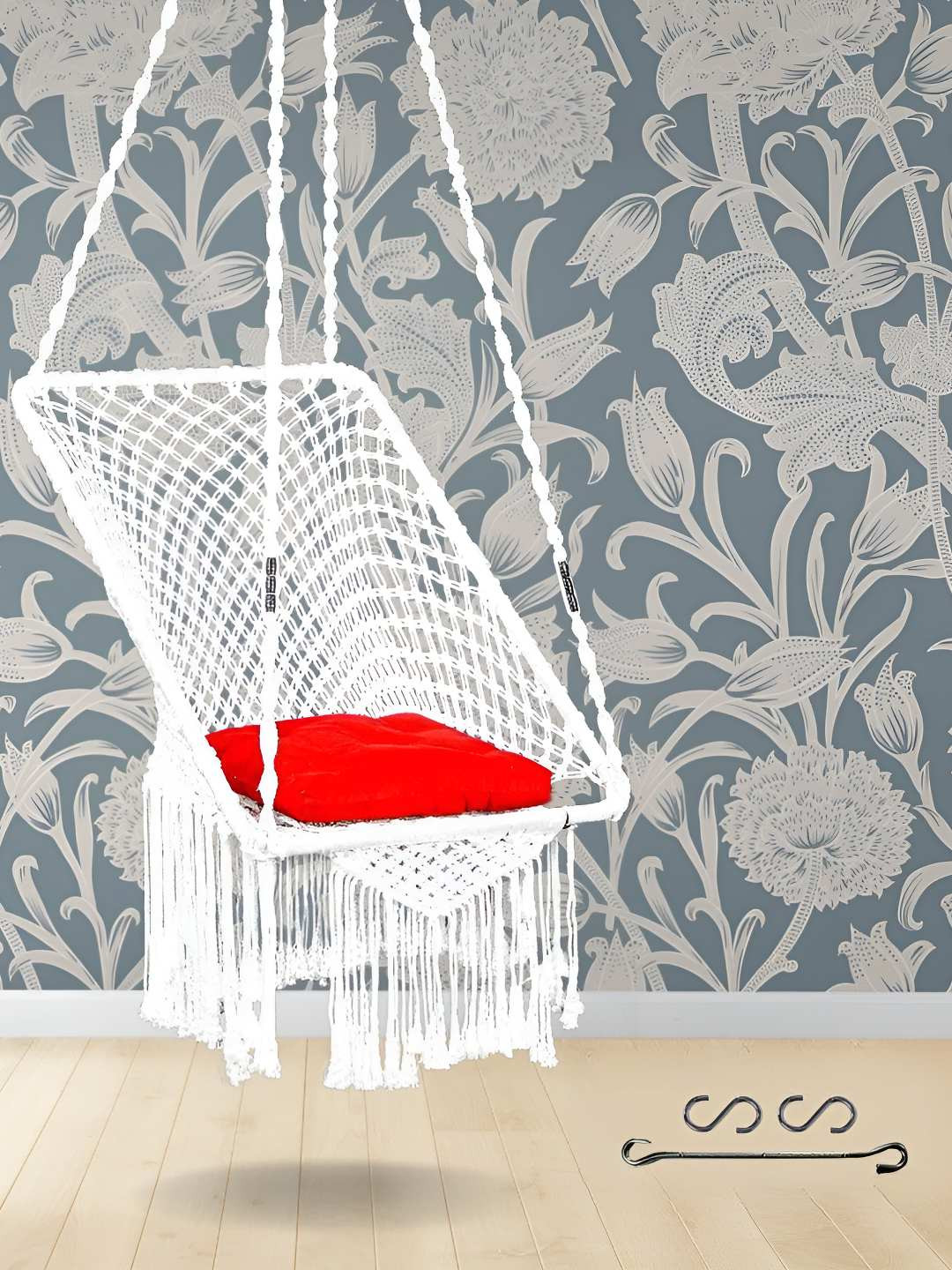 Swingzy White & Red Rectangle Shape Hanging Hammock Swing With Cushion