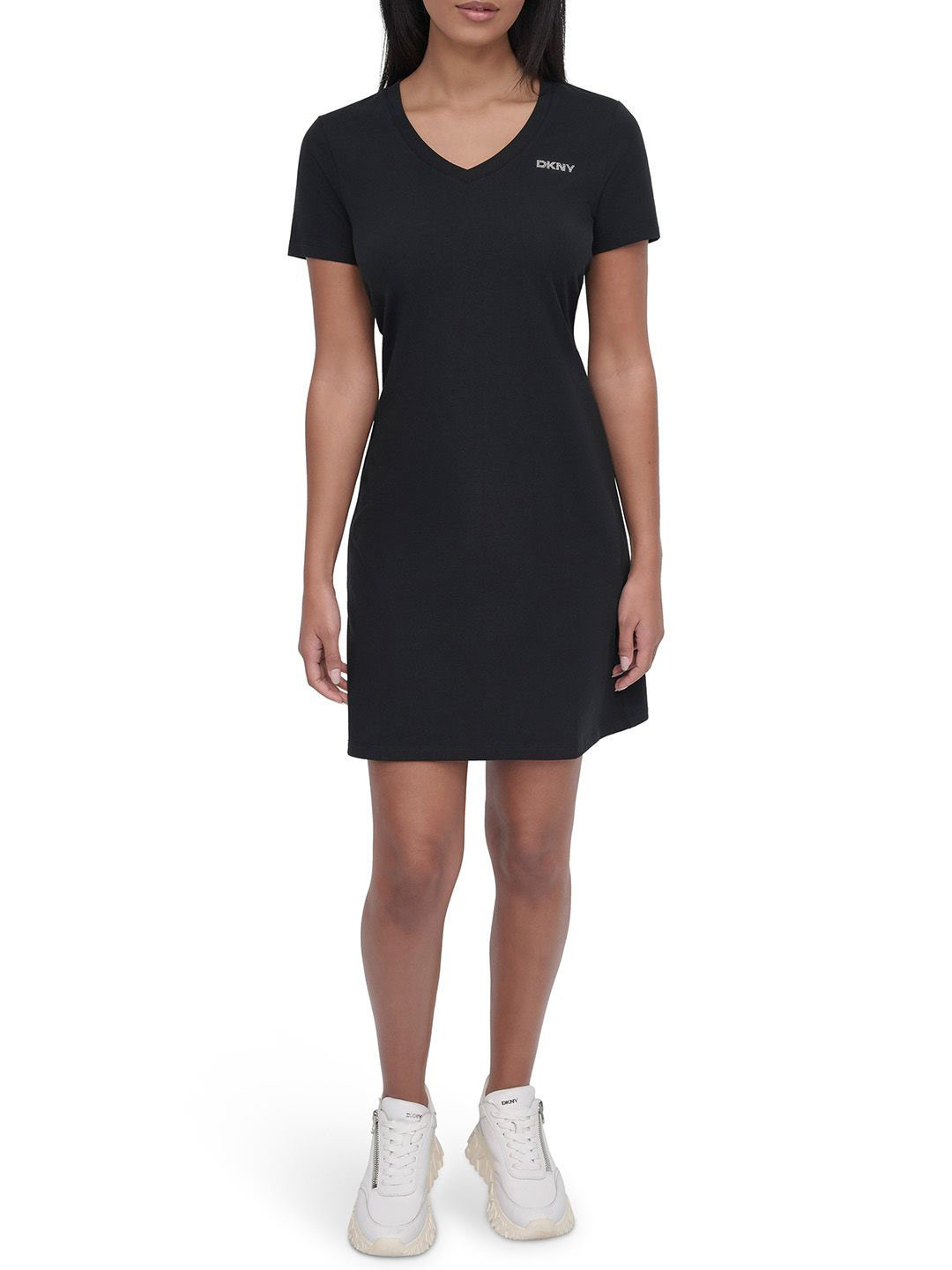 DKNY Womens Solid V Neck Stretchable Tshirt Dress