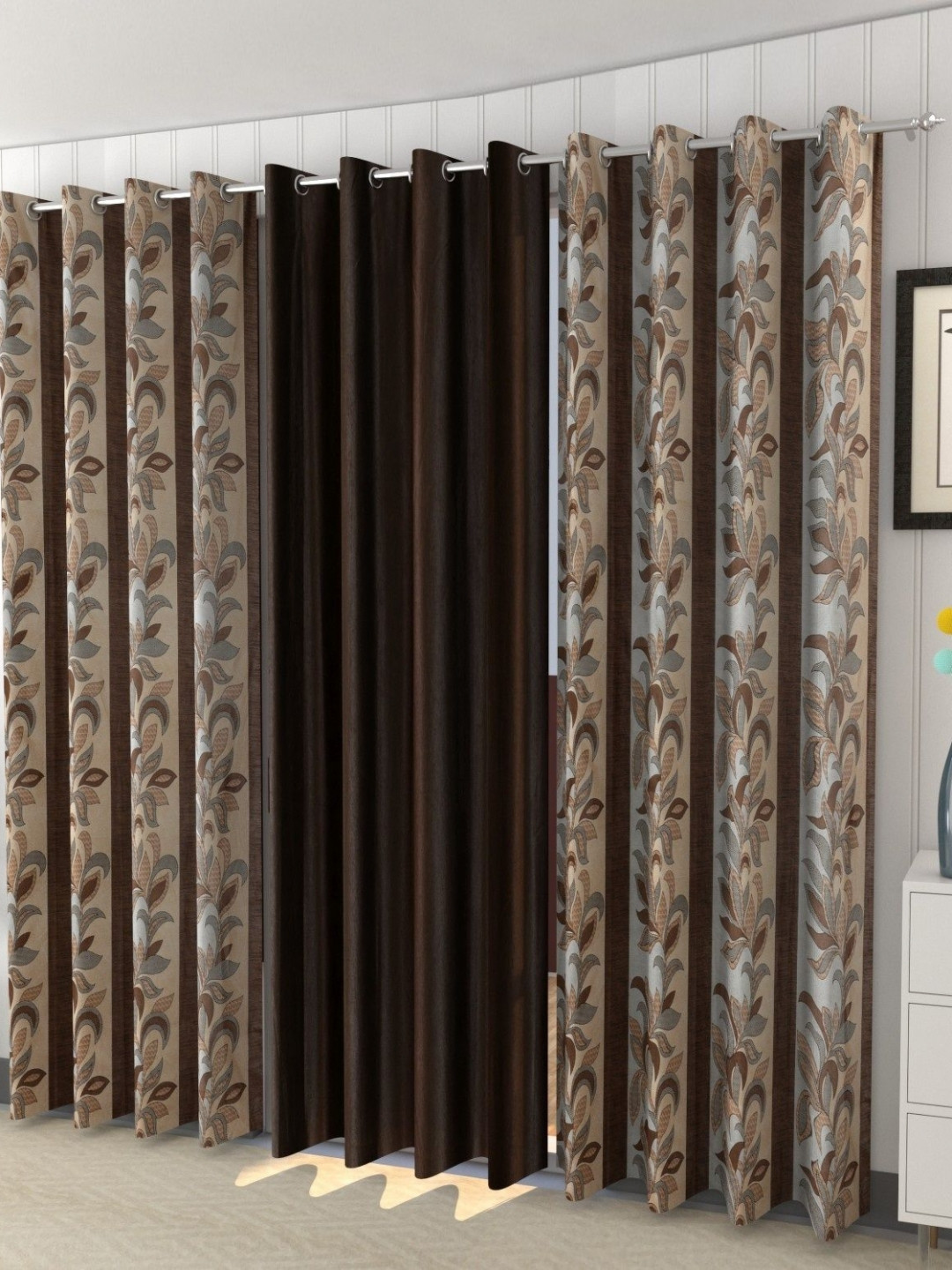 Galaxy Home Decor Brown Set of 3 Floral Long Door Curtain