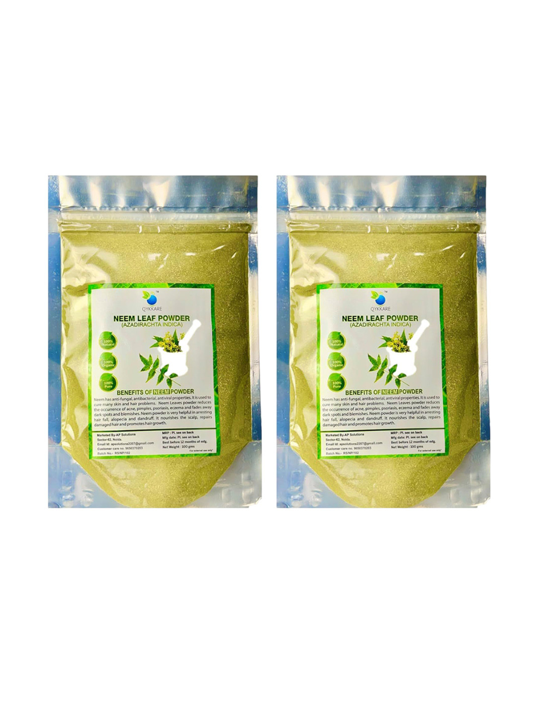 QYKKARE Pack Of 2 100% Pure And Natural Neem Leaf Powder - 100 g Each