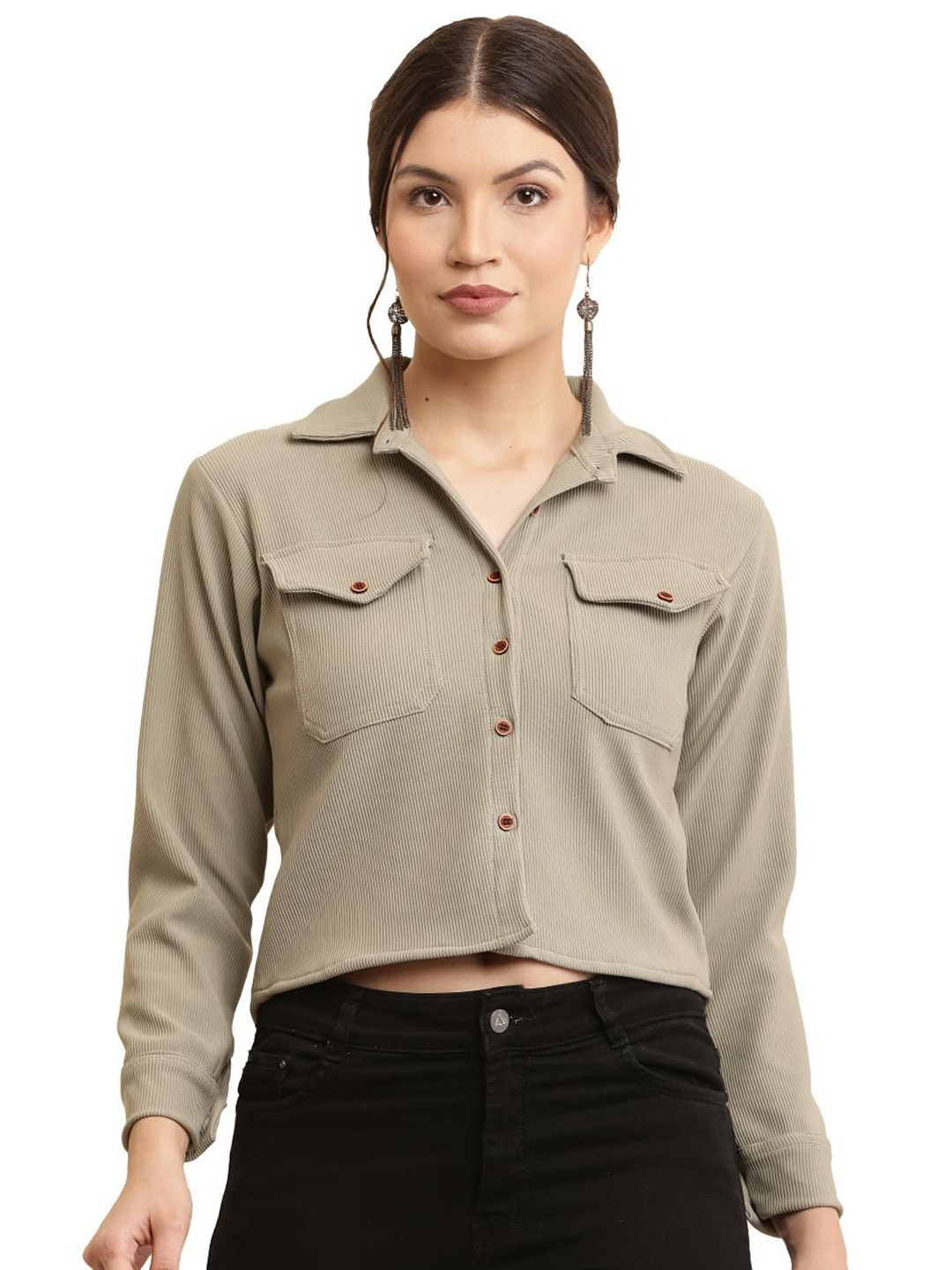 69 FASHION STREET Women Standard Spread Collar Slim Fit Wrinkle Free Crop Casual Shirt