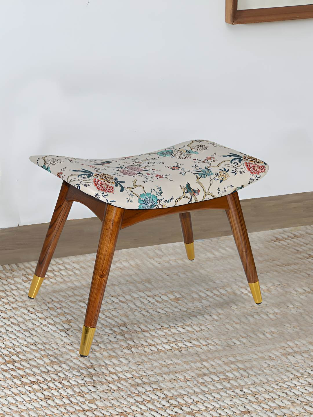 GLOBALLY INDIAN White & Blue Sheesham Wood Stool With Cushioned Seat