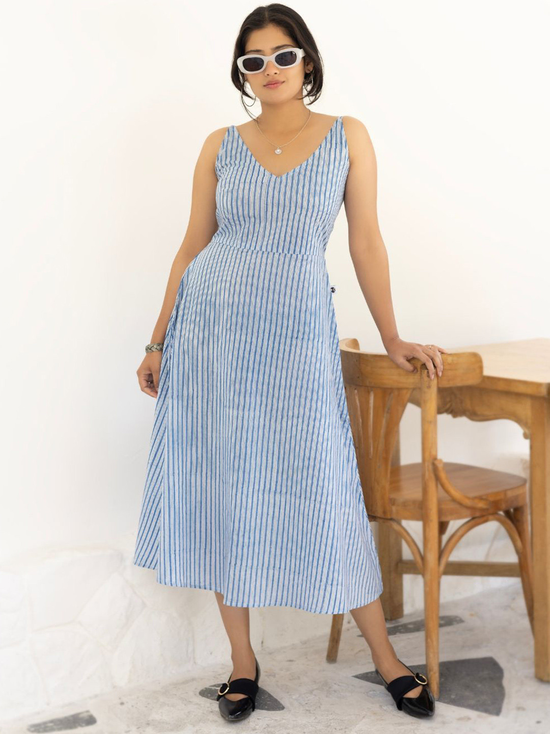 Nilam India Hand Block Print Blue Sleeveless Organic Cotton Midi Dress