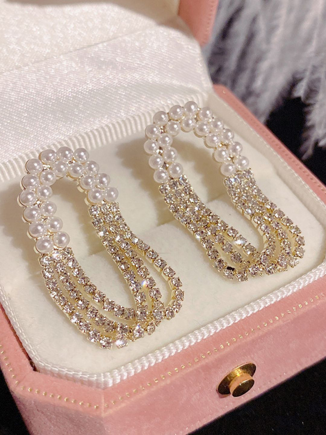 KRENOZ Gold-Plated Pearls And Rhinestone Studded Oval Drop Earrings