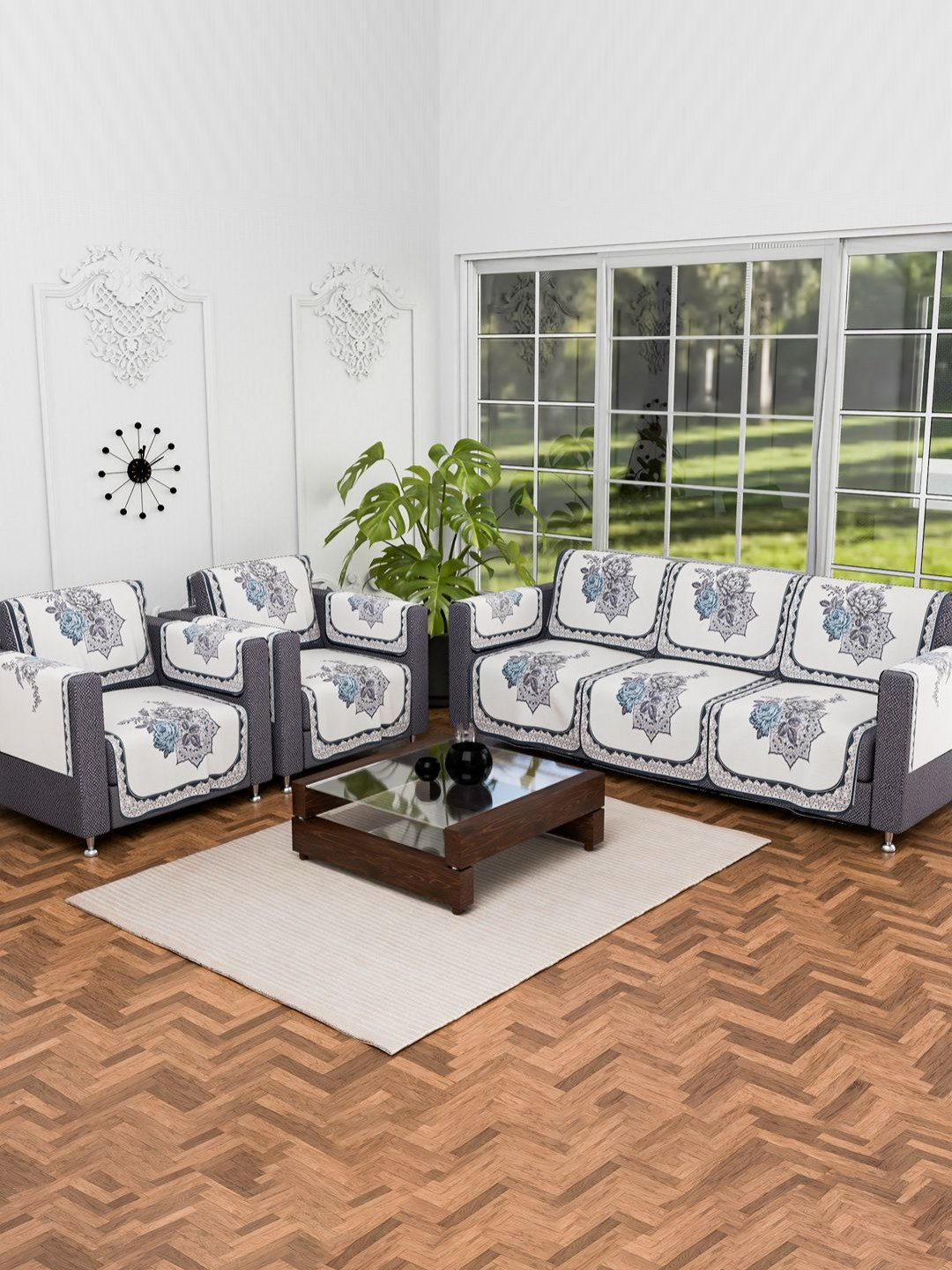 Aura Cream & Grey 10 Pieces Roses Printed 5 Seater Cotton Sofa Cover With Arms