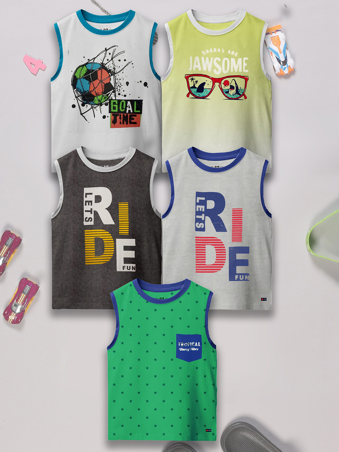 3PIN Boys Pack Of 5 Printed Cotton Basic Innerwear Vests - LEWIS