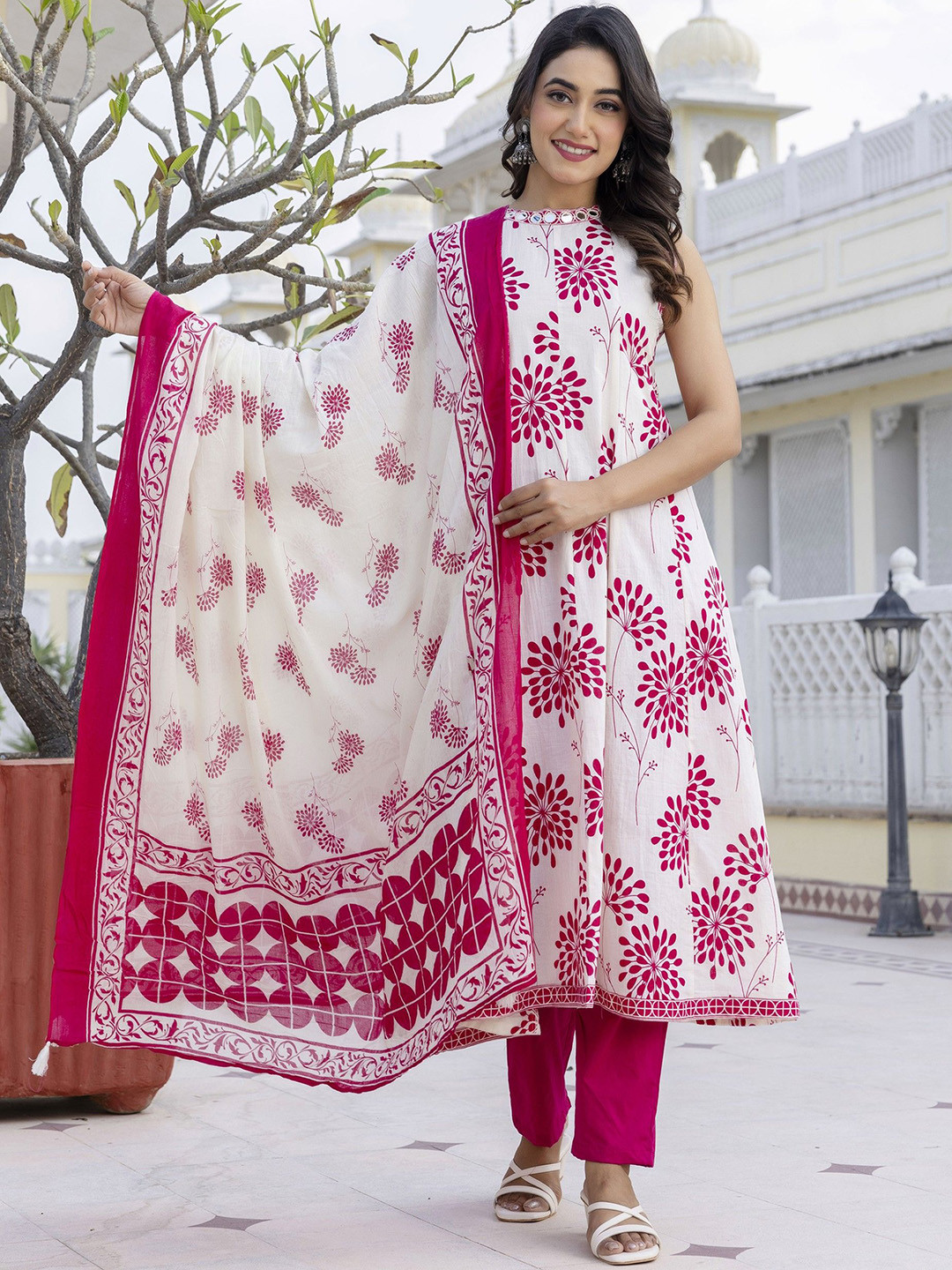 AUTUMN LANE Samiha Floral Printed Pure Cotton Mirror Work A-Line Kurta & Trouser & Dupatta