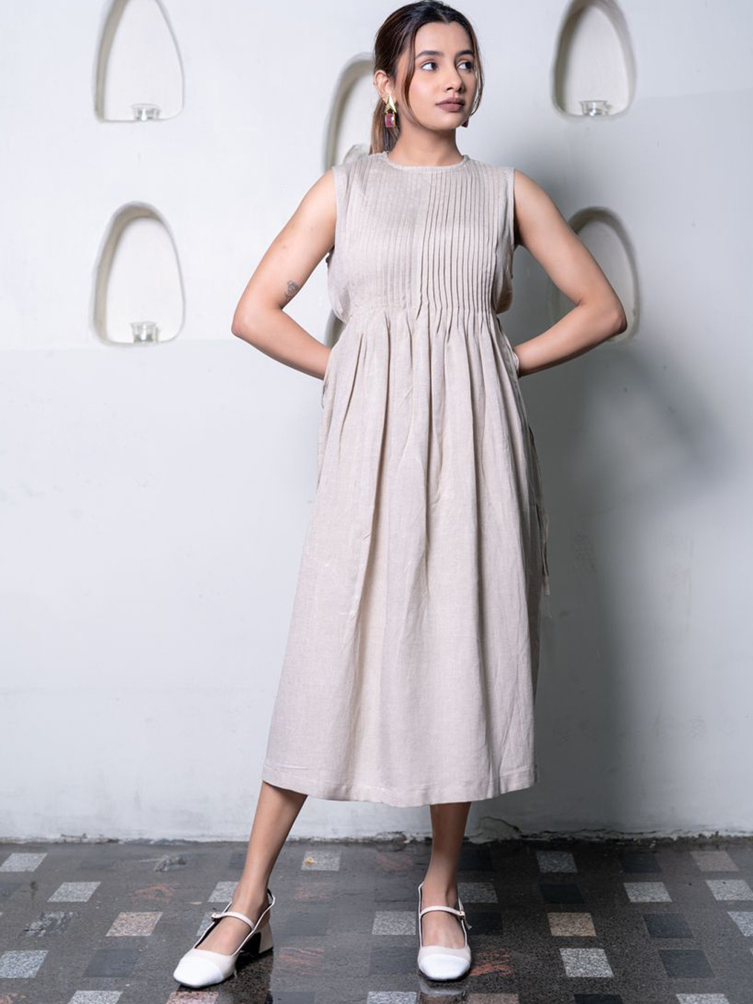 IMROZ HOUSE Women Pleated Cotton A-Line Midi Dress