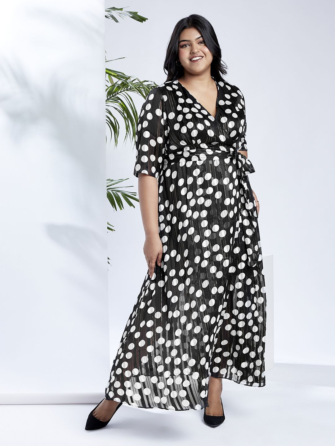 Globus Gloplus V-Neck Polka Dots Lurex Detail Waist Tie-Up Plus Size Maxi Party Wrap Dress