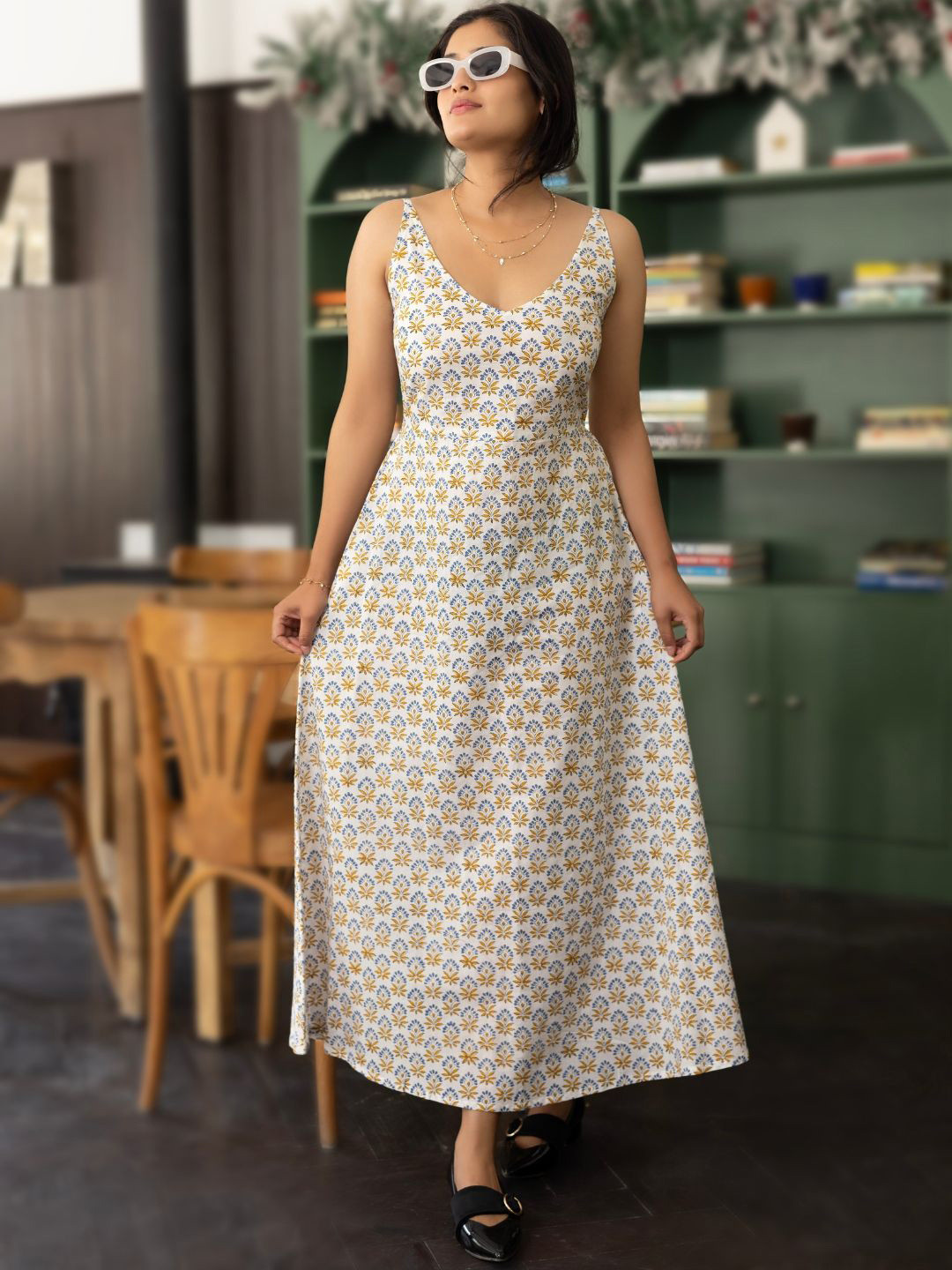 Nilam India Hand Block Print Sleeveless Organic Cotton Midi Dress