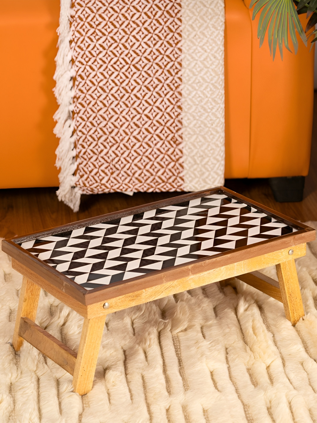 THREADVIBE LIVING Beige & Black Printed Wooden Laptop Table