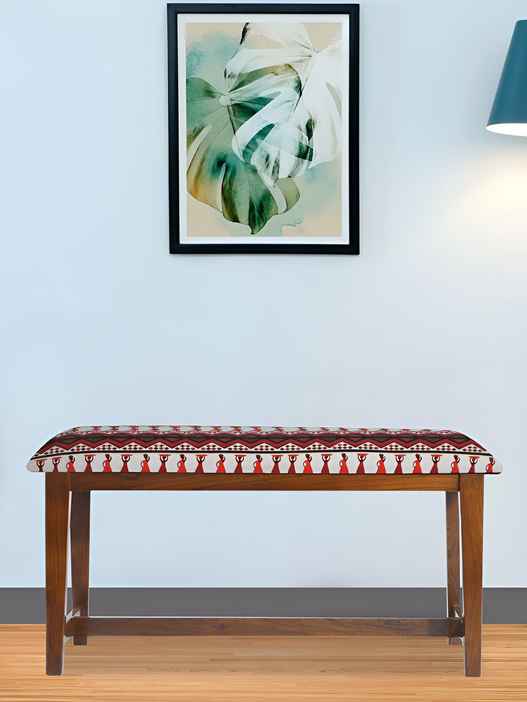 GLOBALLY INDIAN Red & White Wooden Cushioned  Rectangle Bench
