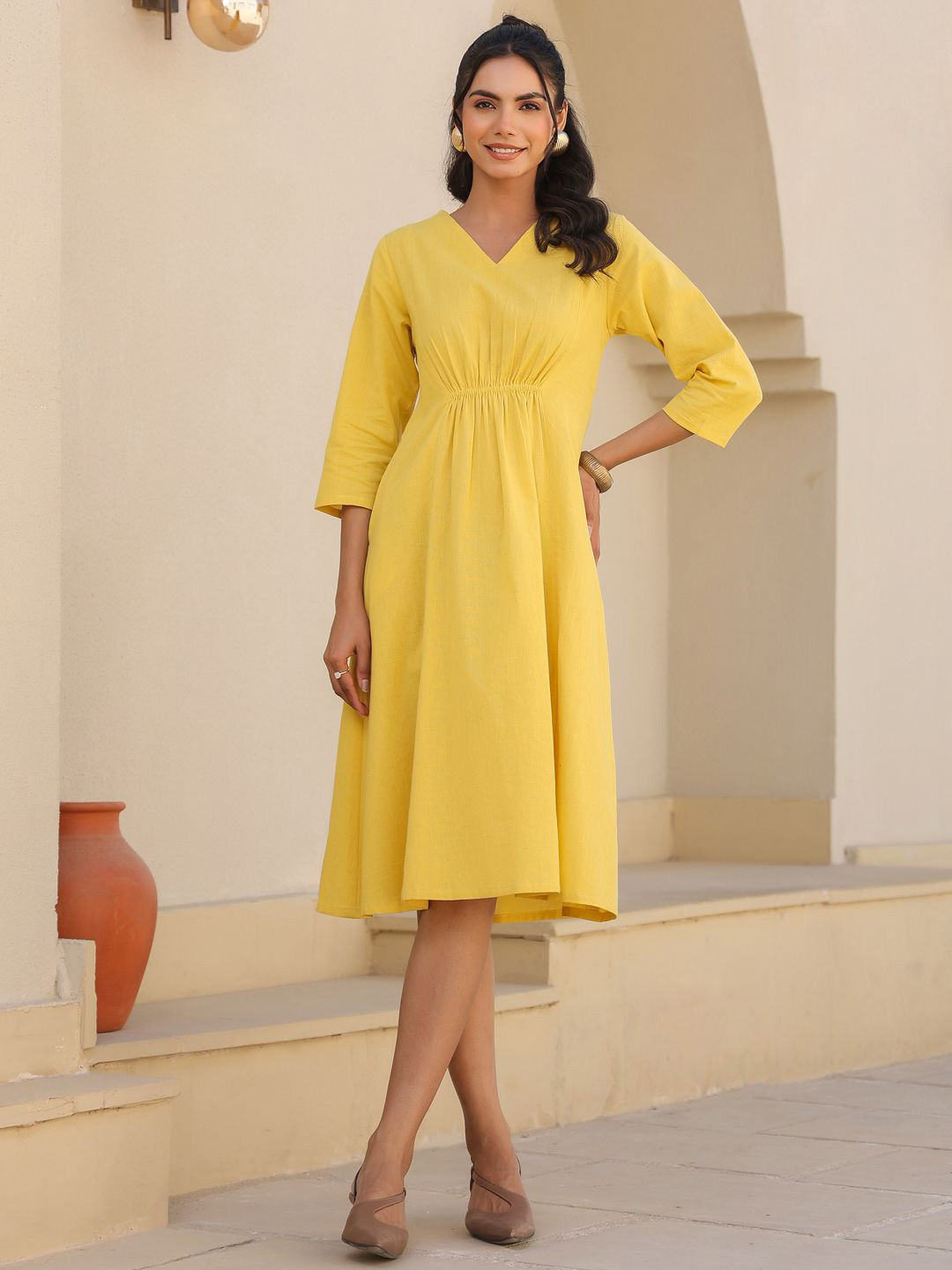 Janasya Women's Yellow Linen Cotton Solid A-line Dress