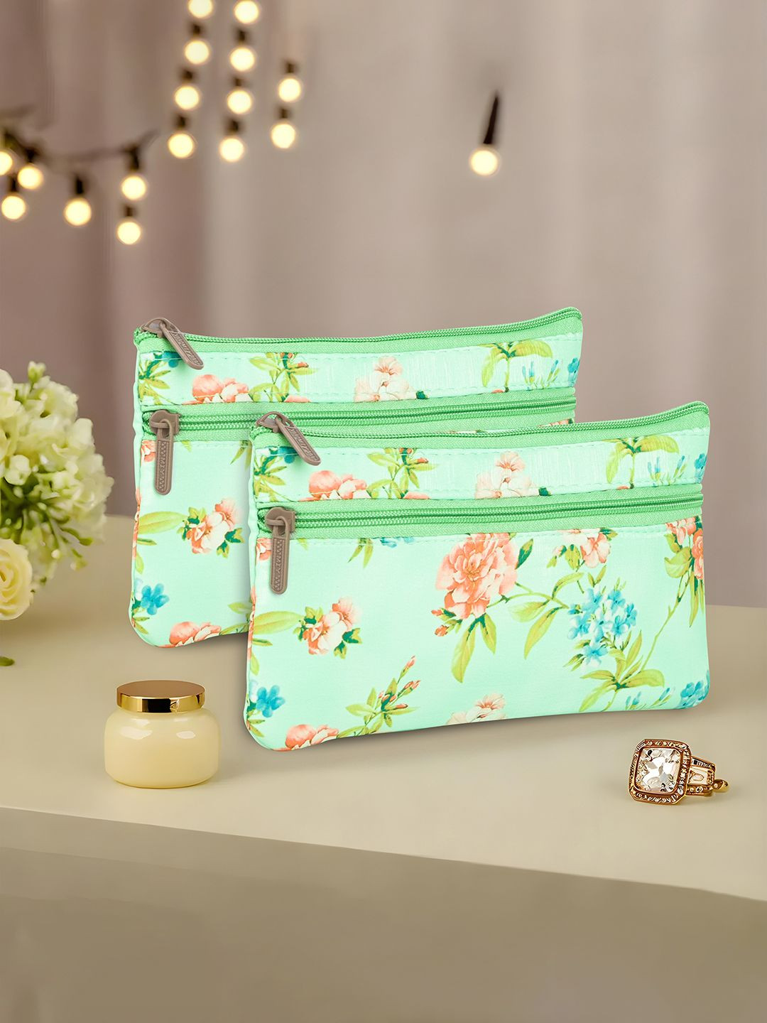 Kuber Industries Green 2 Pcs Silk Small Hand Purse for Women with Zip Closure