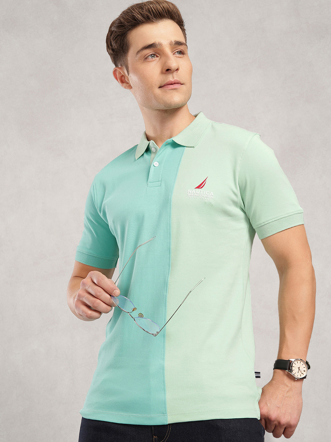 Nautica Colourblocked Polo Collar Pure Cotton T-shirt