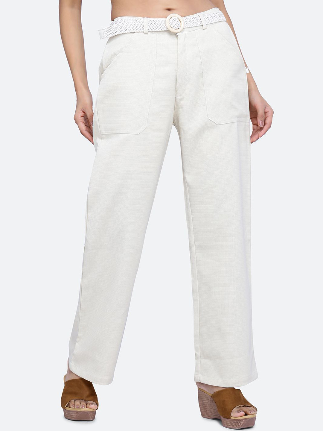 FCK-3 Women Relaxed Straight Leg Loose Fit High-Rise Wrinkle Free Trousers