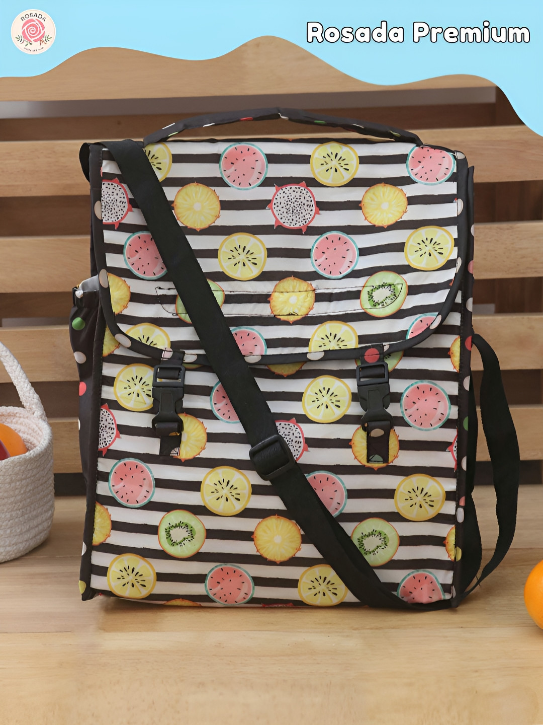 ROSADA Kids Stripes Fruits Printed Insulated Sling Lunch Bag