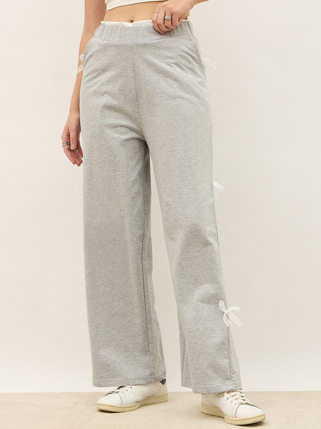 Styli Women Wide Leg Contrast Side Lace Bow Paperbag Waistband Track Pant