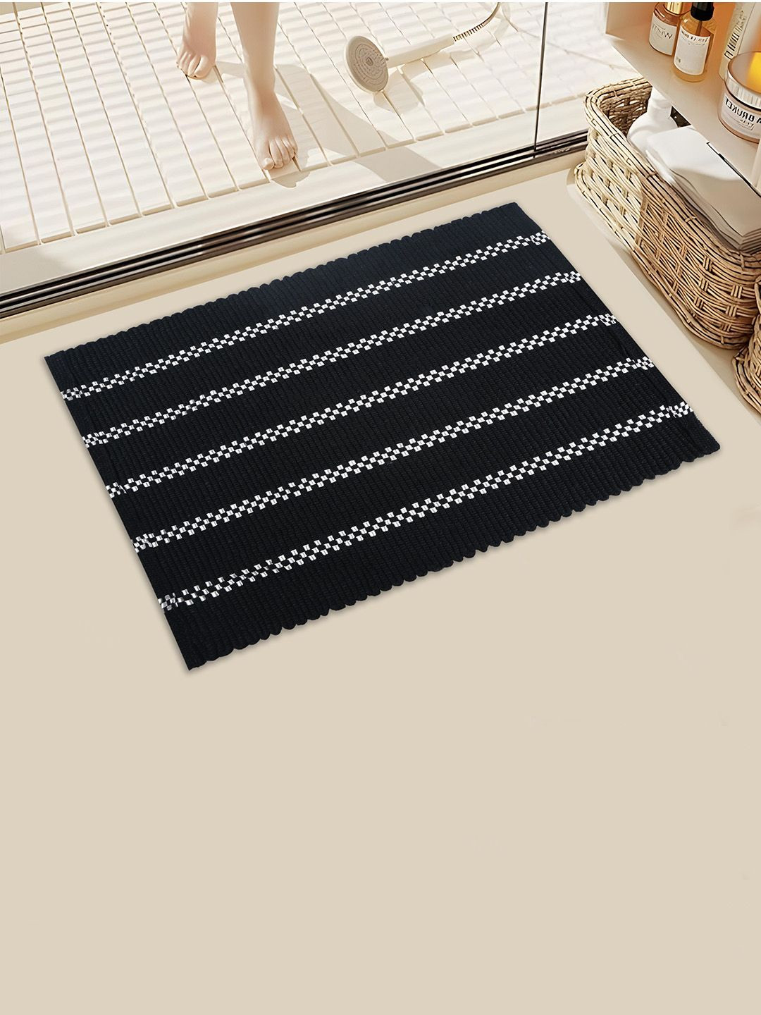 Kuber Industries Black & White Striped Cotton Soft Bathroom Door Mat