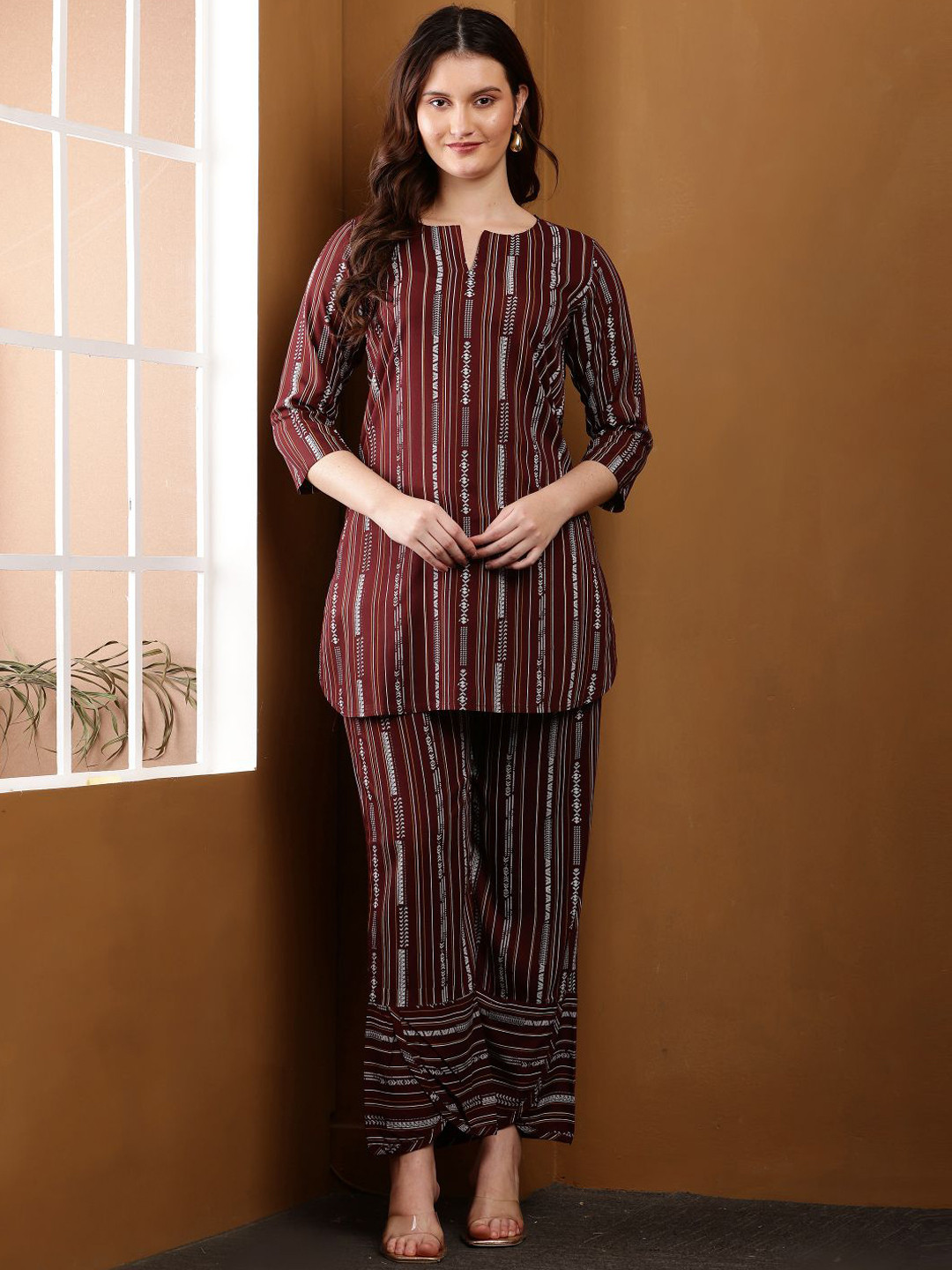 HELLO DESIGN Striped Notch Neck Tunic With Trousers