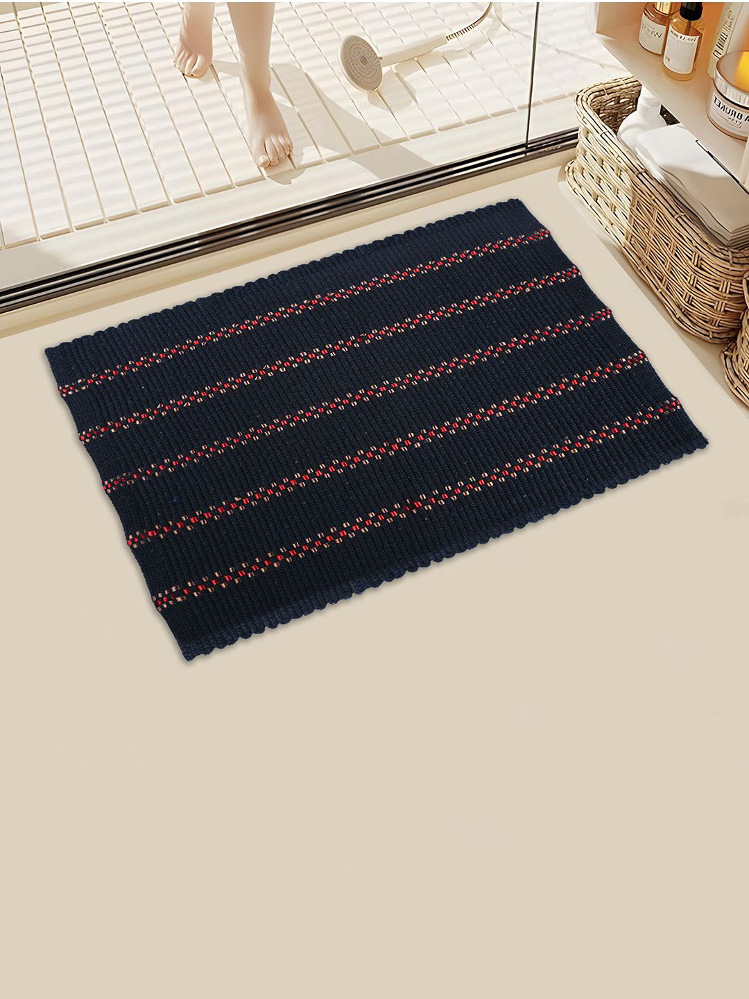 Kuber Industries Navy Blue & Red Striped Cotton Bathroom Door Mat