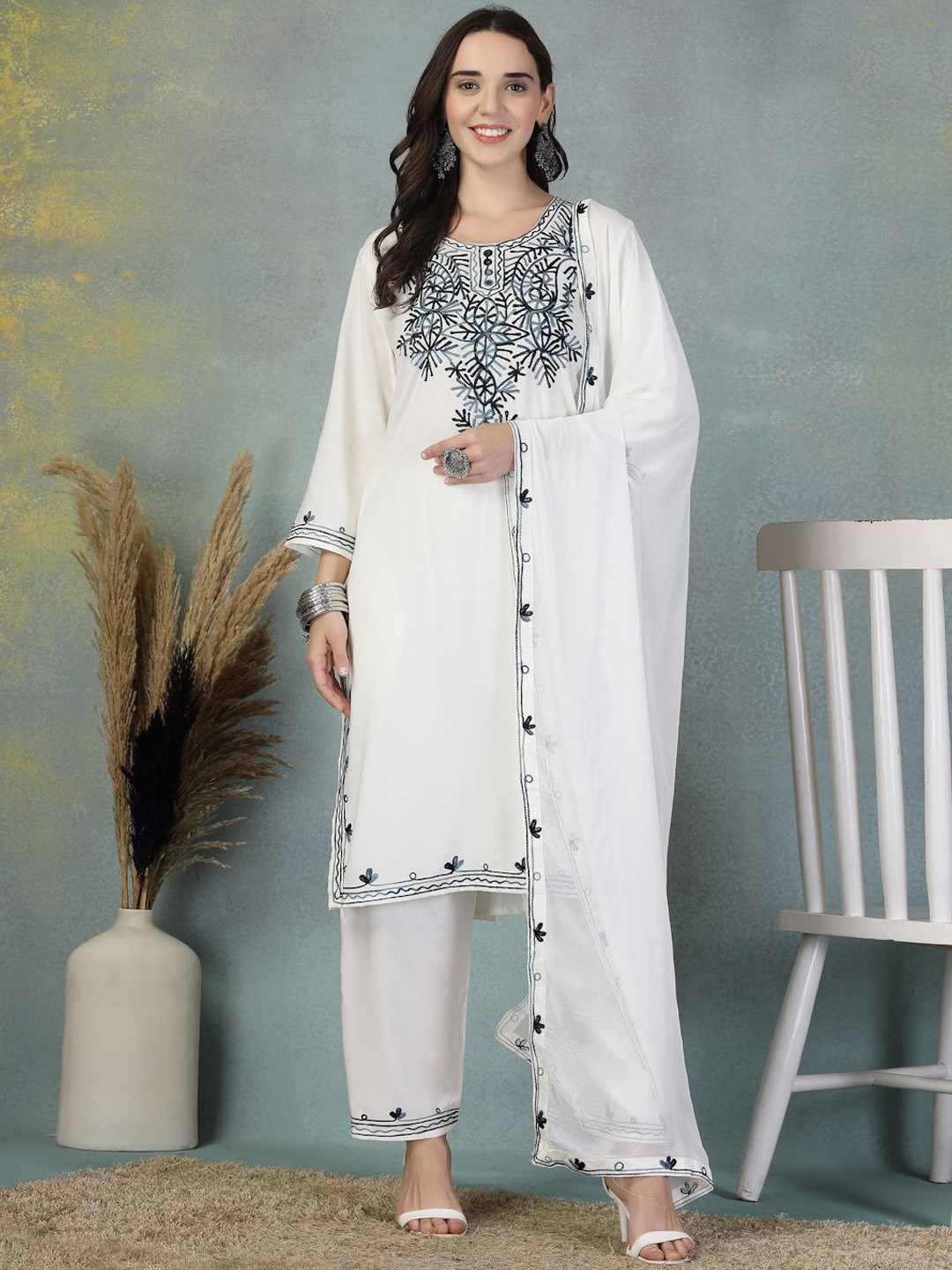 Shine N Sober Floral Yoke Design Aari Work Straight Kurta With Trousers & Dupatta