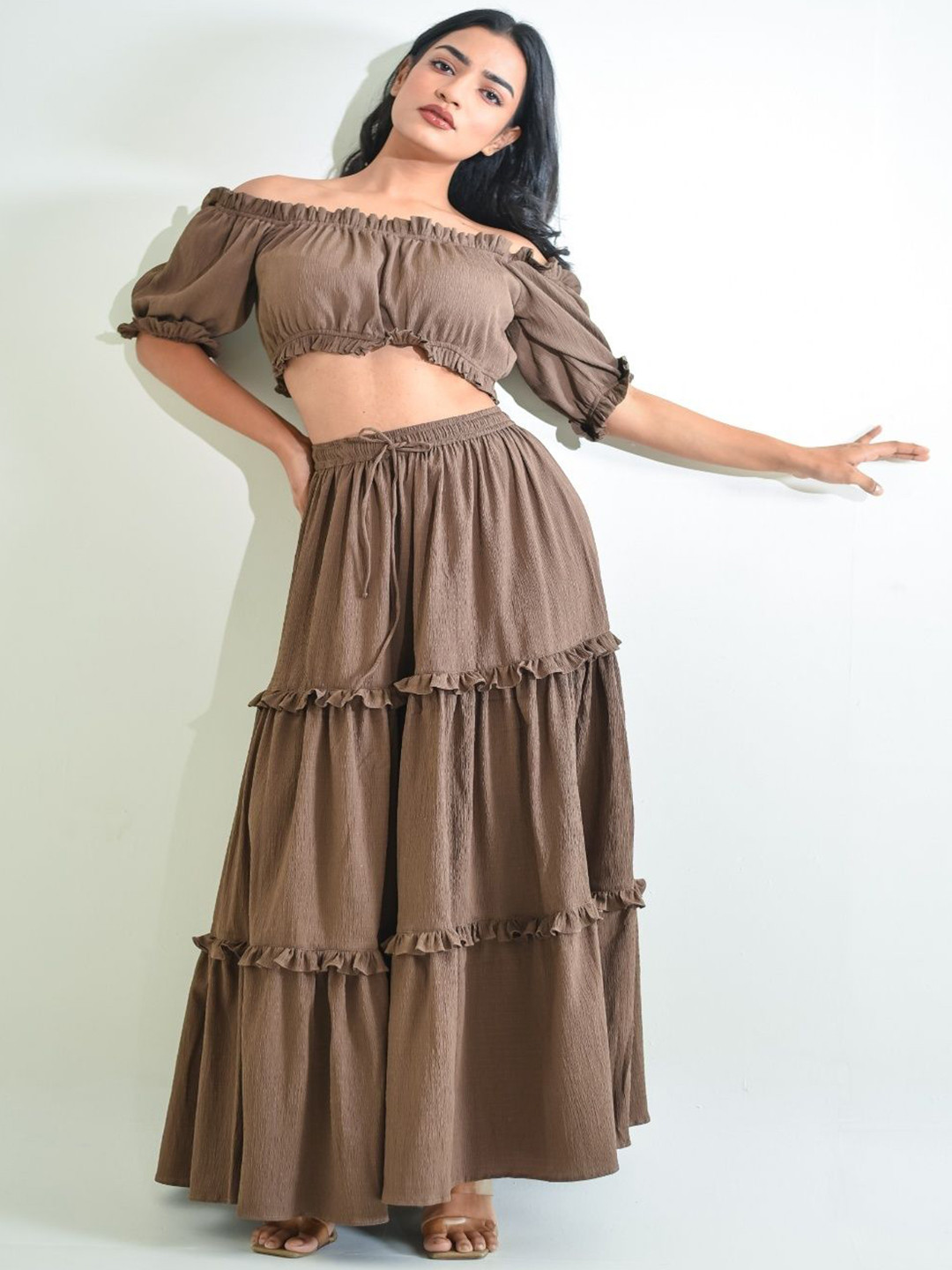STYLESHIFT Mocha Mouse Off-Shoulder Crop Top With Tier Skirt