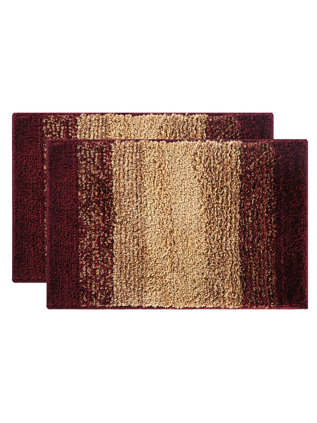 Kuber Industries Maroon & Cream Coloured 2 Pieces Striped Microfibre Anti Skid Bath Rugs