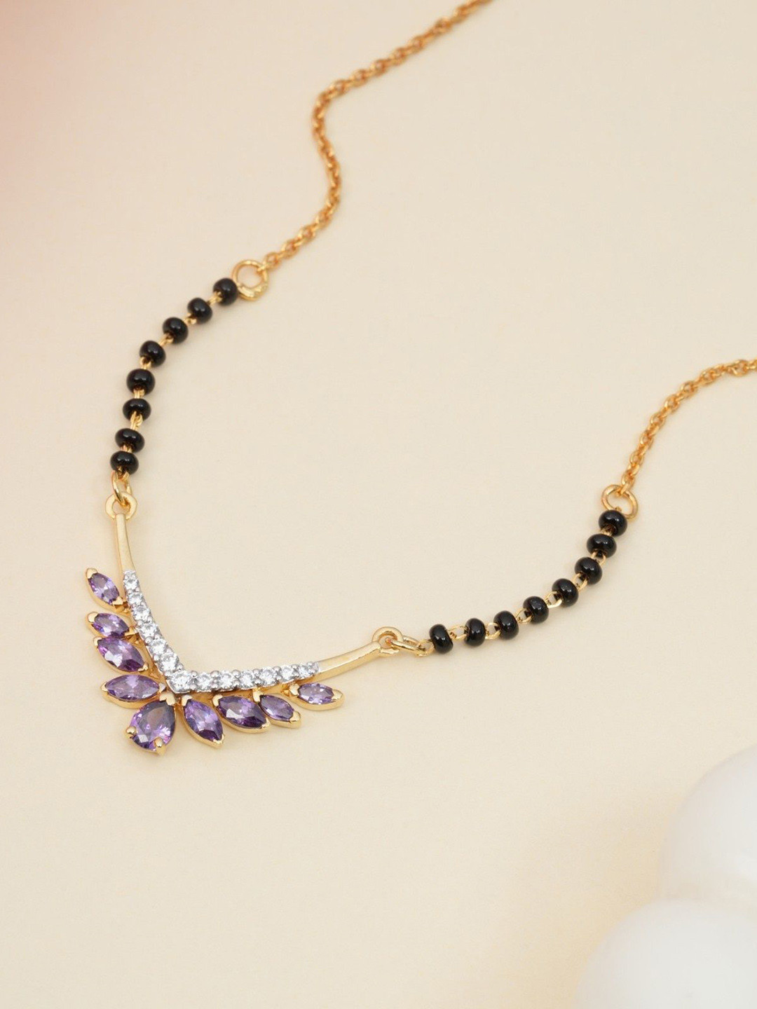 Orebella Silver 18K Gold-Plated Artificial Stones Studded & Beaded Mangalsutra