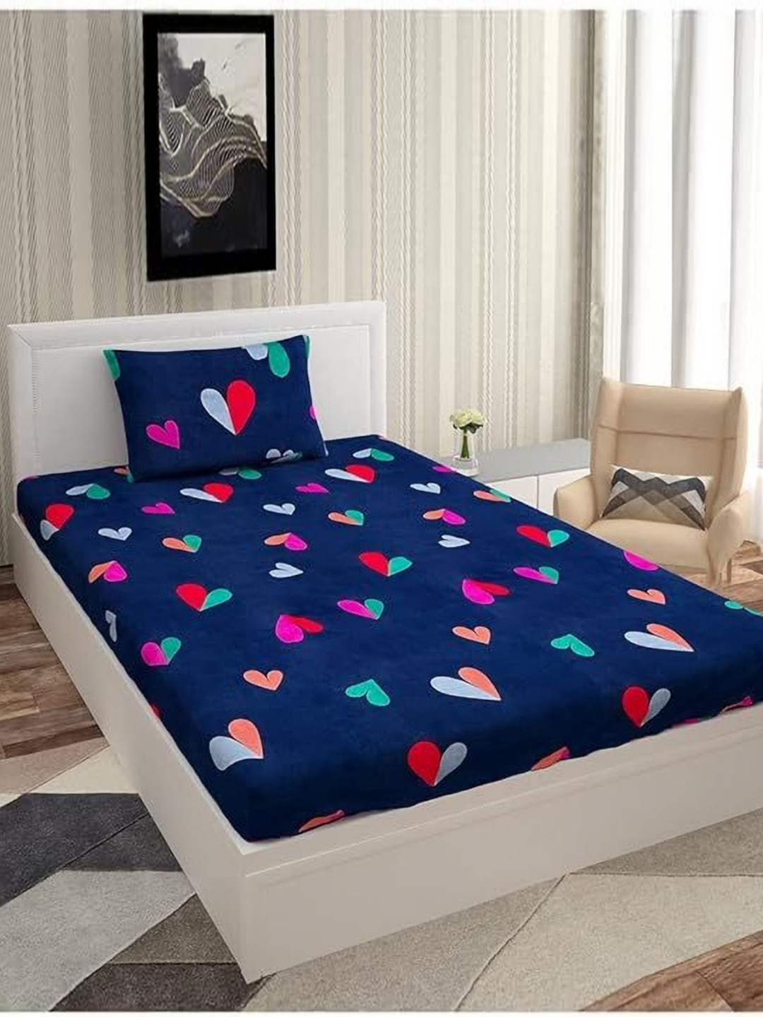 METRO LIVING Blue Conversational Microfiber 130 TC Fitted Single Fine Bedsheet with a Pillow Cover-36 x 78 inches