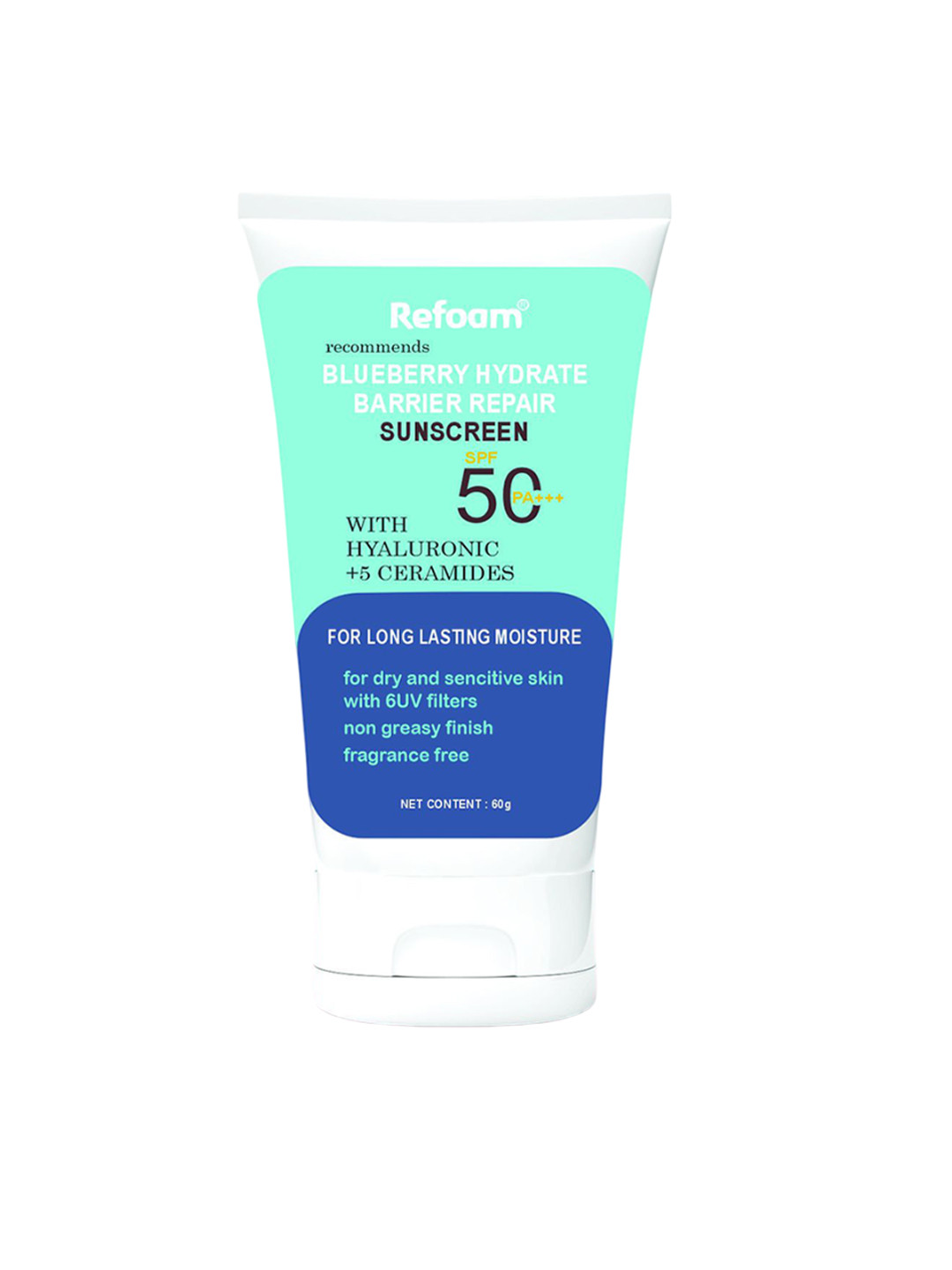 REFOAM Blueberry Hydrate Barrier Repair Sunscreen SPF 50 PA+++ With Ceramides - 60 g