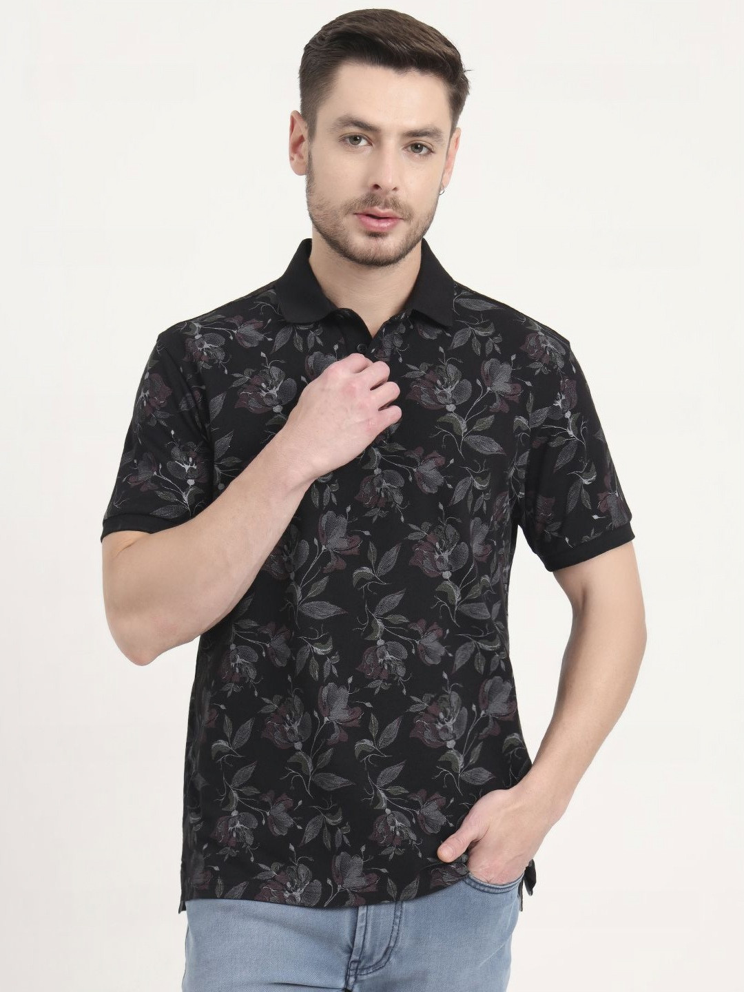 JADE BLUE Floral Printed Polo Collar Pure Cotton Slim Fit T-shirt