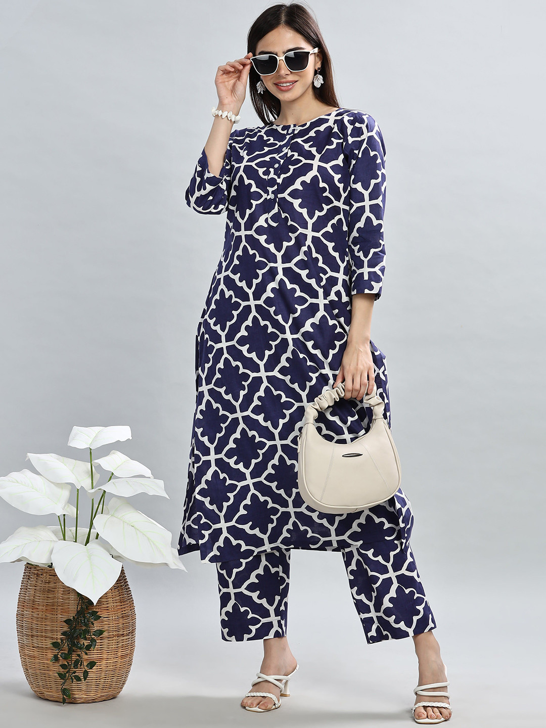 THE VASILIKI Geometric Printed Round Neck Pure Cotton Straight Kurta With Trousers