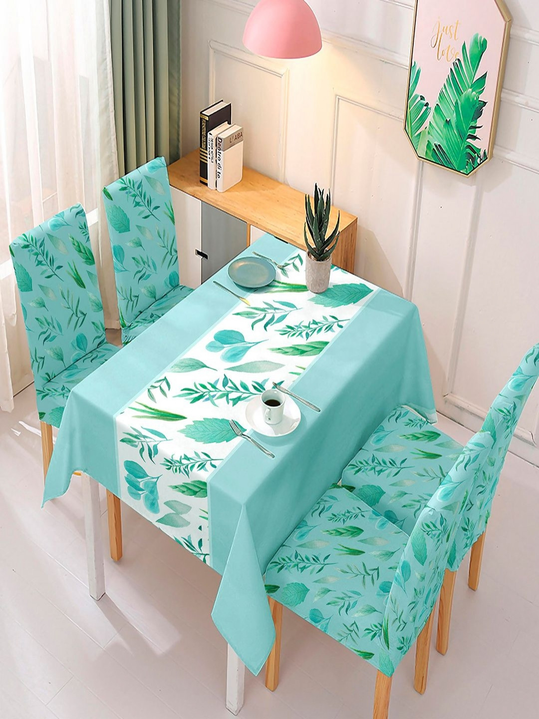 HOKIPO Blue & White 5 Pieces Stretchable Dining Chair Cover With Matching Tablecloth