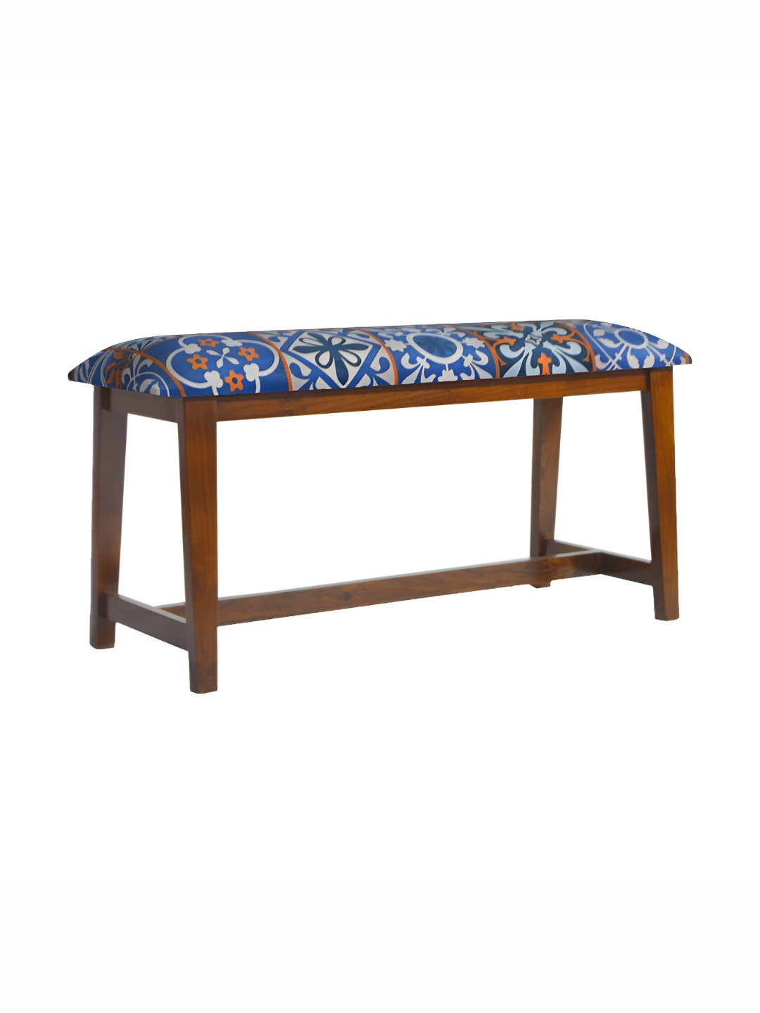 GLOBALLY INDIAN Blue & White Printed Wooden Cushioned Seat Bench