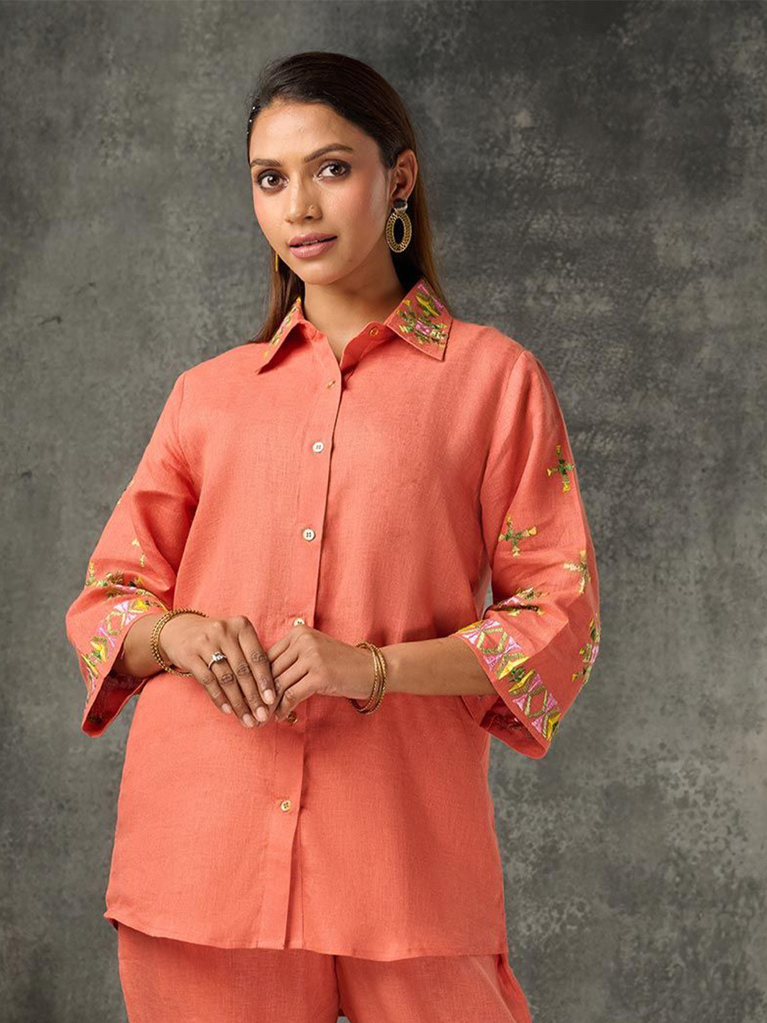 Phulkari Forever Women Linen Premium Floral Embroidered Regular Fit  Shirt